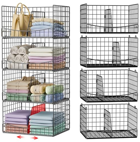 Hongtamoya 4-Tier Closet Organizers and Storage Basket with Divider, Foldable Closet Shelf Organizer System, Space-Saving Clothes Storage Drawer Organizer Bins for Wardrobe Cupboard, Black