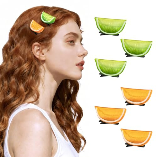 6 Stück, je 3 in Orange und Grün Zitronen Haarspangen Zitronenspalte Haarschmuck Lustiges Frucht Haarclips Obst Haarspangen Accessoires für Damen, Mädchen, Alltag und Party