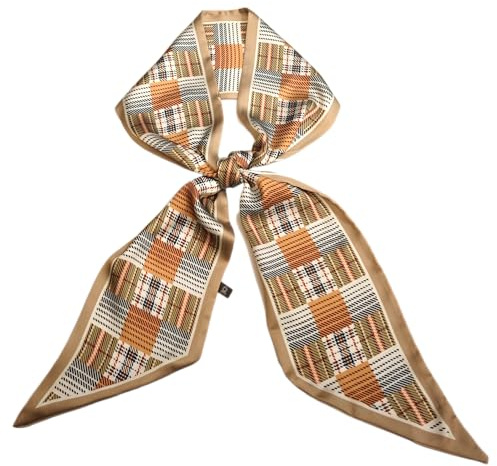 GIMIRO Eleganter Plaid Schal, Polyester Seidennachahmung, Beige und Orange Kariert, Klassischer Damenschal mit Schleifendesign, 145 x 13 cm (Green Yellow Brown White Stripe Check)