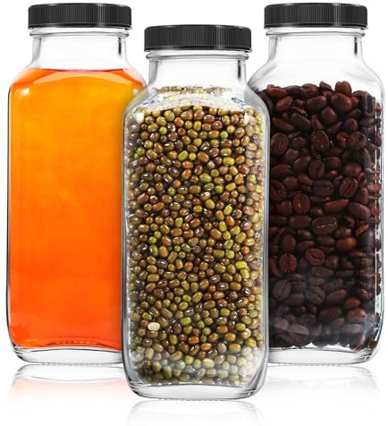 DECORNIJIA Botellas de Vidrio para Jugo y Leche 500 Ml Octagonales con Tapa Plástica Negra, Set de 3 Unidades, Material Resistente y Reutilizable, Uso Doméstico y Almacenamiento de Bebidas