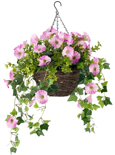 CHRISTOW Artificial Petunia Hanging Basket – Ready to Hang Wicker Garden Planter with Pink Flowers, Gypsophila & Ivy, UV-Resistant PE Leaves, Pre-Fitted Triple Steel Chain, 25cm Basket Diameter