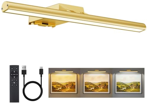 Neymlya Bildbeleuchtung Kabellos, 10000mAh Akku Bilderleuchte 40cm Gold | LED Wandleuchte Innen mit Fernbedienung, Dimmbar 3 Farbtemperaturen, 4 Timer, CRI 95+, 300LM super hell Bilderlampe