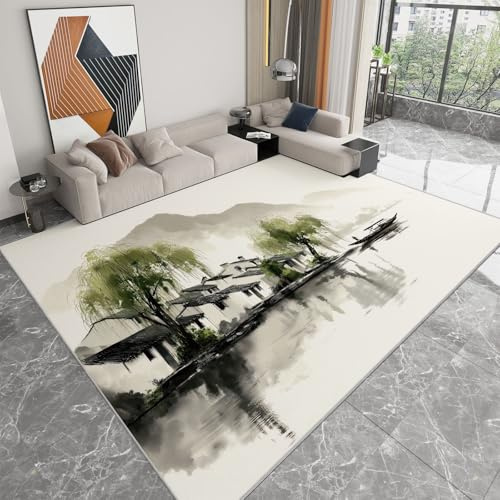 Tappeto Lavabile in Lavatrice 140 x 200 cm Beige, Pelo Corto Antipelo Antiscivolo - Tappeto Stampato Cinese Pittura di Paesaggio Foresta Salici per Soggiorno Camera da Letto Ufficio Sala Giochi