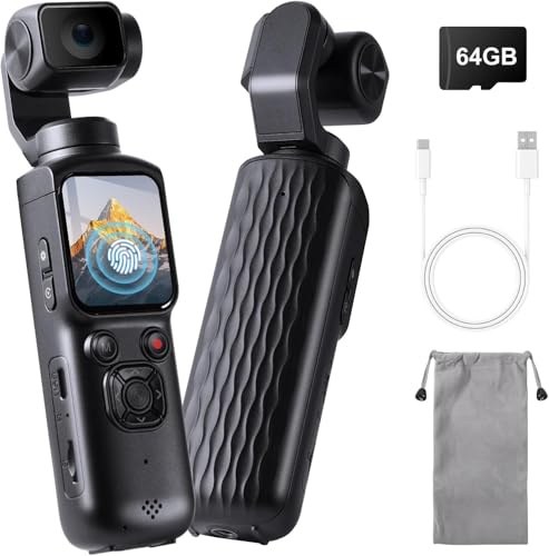 LAMA Videocamera per vlog, 4K, 64 MP, mini videocamera portatile con obiettivo girevole a 320°, scheda da 64 GB, touch screen HD da 1,7, fotocamera per il corpo con messa a fuoco automatica e EIS per