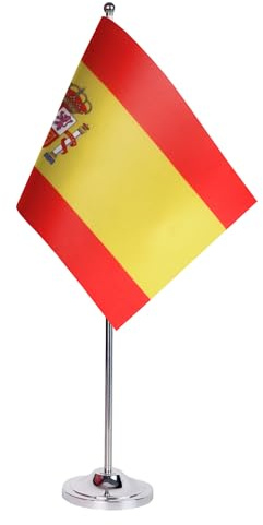 AZ FLAG Tischflagge Spanien 22x15 cm Spanische Satin Metallsockel | Für innen Tischflagge España genähte Ausführung mit verstärkten Kanten mit Mast
