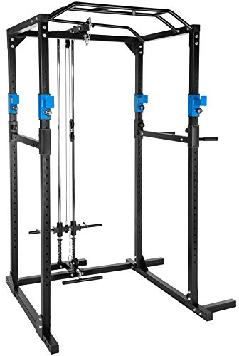 tectake® Kraftstation, mit Latzugmaschine, Fitnessstation, Power Rack, Power Cage, Klimmzugstange, Kraftraining, Home Gym, Trainingsgerät, Fitnesssgerät - schwarz/blau