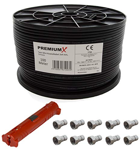 Premium X 100 Meter Sat Koaxial Kabel 90dB Twin Mini 2x 4 mm Schwarz Antennenkabel + Abisolierwerkzeug mit 2 Klingen für RG58 59/62 RG6 + 10 F-Stecker