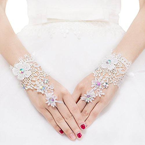 Gants de Mariage Court en Dentelle avec Strass pour Mariée - Accessoire Robe Mariage pour Soirée Cérémonie Déguisement Fête