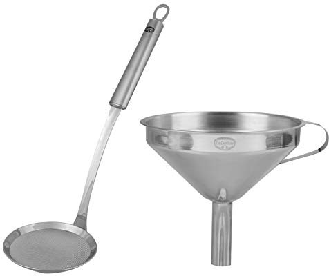 Dr. Oetker Küchenhelfer Set Profi, Trichter und Abseihlöffel aus Edelstahl, Einfülltrichter mit Siebeinsatz, Abseihlöffel zum Kochen und Frittieren, (Farbe: Silber), Menge: 1 x 2er Set