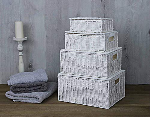 HomeZone Set Of 3/4 Wicker Hamper Baskets Storage Boxes With Lid And Lock Home Décor Bathroom Storage Bedroom Kitchen Hand Woven Hamper Gift Basket (4 x White Rattan Baskets)