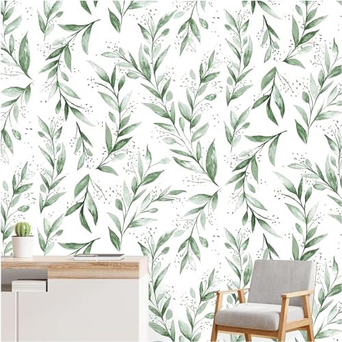 Beautyhero Papel tapiz autoadhesivo de 17.7 x 196.8 pulgadas, papel tapiz de hojas verde oliva, papel de contacto floral, vinilo extraíble, moderno, granja, verde salvia, autoadhesivo, neutro