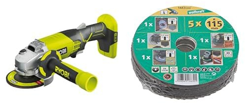 RYOBI - Meuleuse d'Angle Électrique Sans Fil 18V ONE+ Ø115mm - Utilisations sur Métal, Pierre, Parpaing& wolfcraft 1663000 Kit découverte de 5 Disques pour meuleuses ø 115 mm vert