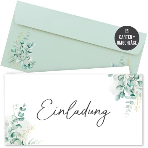 15 Einladungskarten inkl. Umschläge für Hochzeit, Standesamt, Geburtstag, Konfirmation, Kommunion, Jugendweihe, Taufe | Einladungen Karte | Klappkarte DIN lang (Eucalyptus 15 Stück)