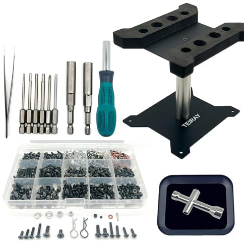 TEIRAY Set di strumenti di riparazione per auto RC, rotazione a 360 gradi e 600 viti RC e viti, kit pallet e cacciaviti RC per 1/8 1/10 1/12 1/16 1/18 RC auto camion crawler (nero)