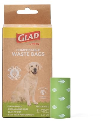 GLAD for Pets Kompostierbare Kotbeutel, extra groß, 120 Stück, nachhaltige Hundekotbeutel aus Maisstärke, zertifiziert für Zuhause und industriell kompostierbare Kotbeutel