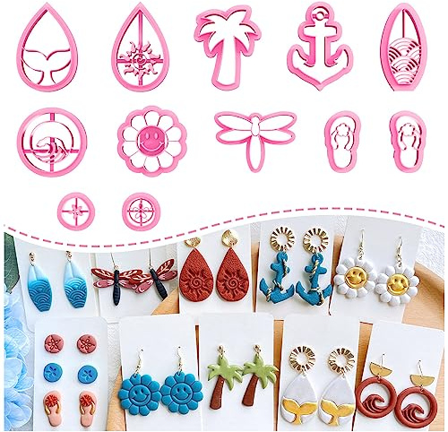 Keoker Modelliermassen-Ausstecher, Sommer-Tonschneider, Polymer-Ton-Schneider für Ohrringe, Schmuckherstellung, 12 Formen, Blumen-Ton-Ohrringe, Ausstechformen