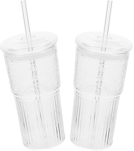 UPKOCH 22Oz Glass Tumbler with Lid and Straw Clear Ribbed Glass Cup for Juice Water Iced Coffee Tea Large 650Ml Cold Drink Cup for Home Office