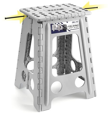 Delxo Klappbarer Tritthocker, 44 cm, robuster Tritthocker für Erwachsene, rutschfester Klapphocker mit Griff, tragbar, faltbar, für Küche, Badezimmer, Schlafzimmer, bis zu 180 kg, Grau, 1 Stück