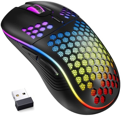 MELOGAGA Ratón inalámbrico para juegos con diseño de panal de abeja de 2,4 G, USB, inalámbrico, RGB recargable, con luces LED de 7 colores, 3 DPI ajustables para computadoras portátiles con Windows