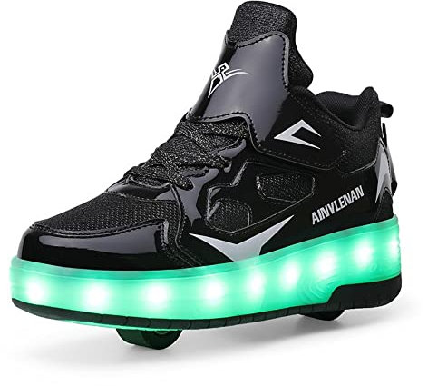 HUSKSWARE Skateskor med två hjul för barn, med justerbart växlande ljus och USB-laddning, universell för pojkar och flickor, svart, rosa, guld, silver, storlekar 28–41 EU., 36 EU