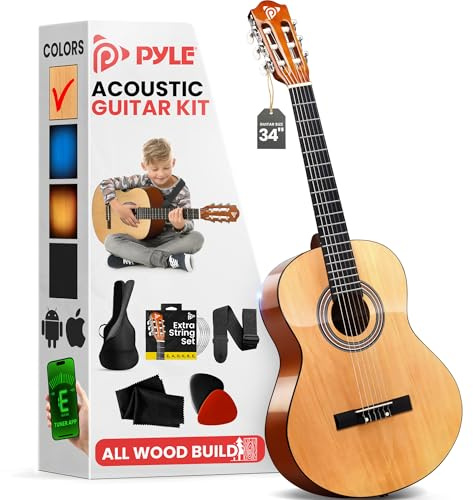 Pyle Beginner Acoustic Guitar Kit, 1/2 Junior Size All Wood Instrument for Kids, Adults, 34 Natural Gloss