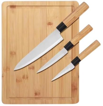 Tabla Cortar Cocina Madera con Set de 3 Cuchillos Profesional. Juego de Utensilios de Cocina Incluye Tabla de Cortar Cocina Madera de Bambú de 35x25x1cm y Cuchillos Ideal para Picar y Cortar Alimentos