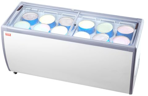 VEVOR Kommersiellt glasskåp, horisontell frys 567 l, mobil frys med glaslock, 12 stora balkar, 2 skjutdörrar i glas, låsande hjul, vit, 1800 x 715 x 880 mm