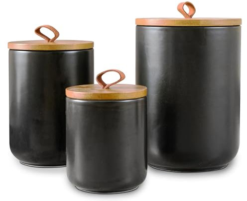 Tenforie Black Canister Sets for Kitchen, 3pcs Ceramic Canisters with Airtight Wooden Lid, Food Storage Jar, Large Kitchen Storage Containers for Serving Coffee Beans, Tea, Sugar, Salt, Spices