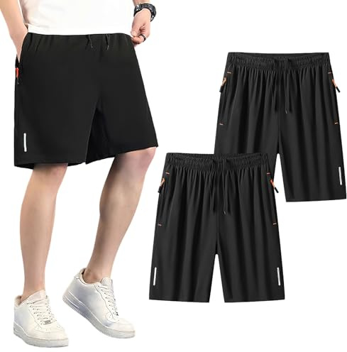 Jamron Herr plus size 2-pack löparshorts lätta snabbtorkande gym atletiska sportshorts med blixtlåsfickor och reflekterande remsa, svart +svart, 4XL