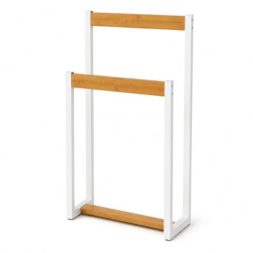 LIN HOME XZ-22179-1 Perchero Independiente de Bastidor Metálico Blanco y Barras de Bambú Natural, Soporte Doble para Toallas y Prendas para Baño, Entrada, Dormitorio y Salón 41x18x80cm