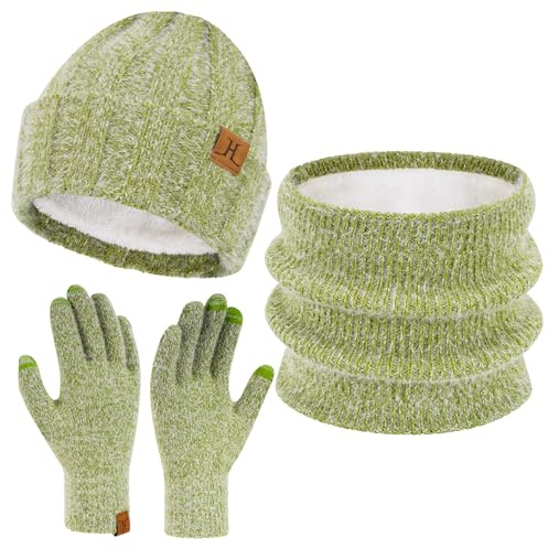 Juego de gorro de invierno para mujer, bufanda, guantes para pantalla táctil, de terciopelo de visón, gorro de punto con forro polar, regalos para mujer, verde, talla única