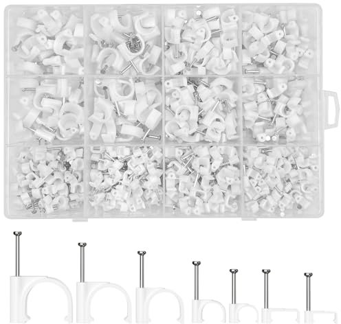 Chiluxendo 500x Fermacavi Rotondi+200x Chiodini Fermacavo Quadrati, Graffette Clip per Cavi, Morsetti Fissaggio per Chiodi, Cavo Clips per Cavi di Rete Ethernet, 4mm/5mm/6mm/8mm/10mm, (bianco)