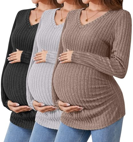 Ficerd 3 Pack Women's Maternity Shirts Ribbed Long Sleeve Pregnancy Tops V Neck Knit Side Ruched Pregnant Clothes Sweater(Brown, Light Grey, Black,L)