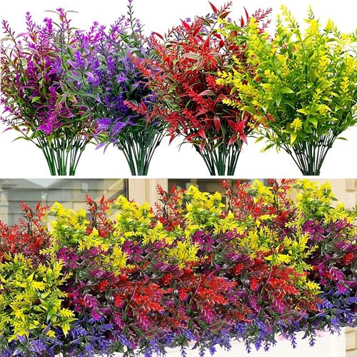 HNVNER 16 Bundles Outdoor Artificial Flowers Artificial Lavender Flowers Uv Resistant Plastic Fake Flowers for Outside Hanging Baskets Planter Garden Home Decorating