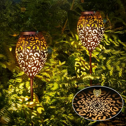 Görvitor LED Solarlampen für Außen Garten 2 Stück, Metall Solarleuchten für Außen mit IP65 Wasserdicht, Warmweiß Orientalische Gartenleuchten Solar mit Erdspieß für Terrasse Blumenkasten Balkon