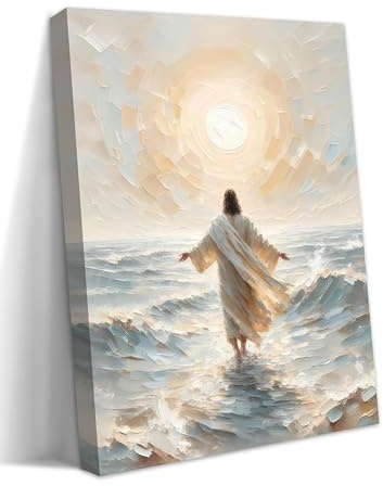 Christliche Jesus Wandkunst für Wohnzimmer – Jesus wandelt auf dem Wasser Leinwanddrucke Religiöse Wanddekoration, Taufgeschenke, Gelassenheitsgebet Wandkunst für Schlafzimmer, Gebetsraum