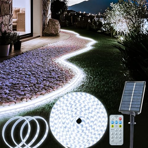 10M Solar LED Streifen Außen 640 LED Stripe mit Fernbedienung für Veranda | Fernbedienung, Dimmbar, Timer, Wasserdicht, 8 Modi, Solar LED Strip für Terrasse Balkon Veranda Deko,Weiß