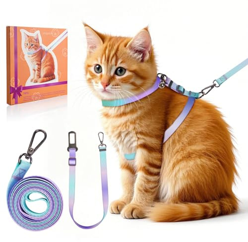 Katzengeschirr und Leine, Halsbänder, Auto-Sicherheitsgurt [4-in-1 abnehmbar und verstellbar], ausbruchsicheres Katzengeschirr, bequem, weich, leicht, für Spaziergänge, Reisen, Kätzchengeschirr für