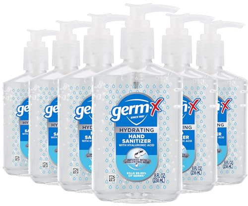 Germ-X Hydrating Hand Sanitizer, with Hyaluronic Acid, 8 FL Oz (Pack of 6), No Rinse Formula, Sanitizing Liquid Gel for All Skin Types, Formulated Without Parabens, Phthalates & Dyes
