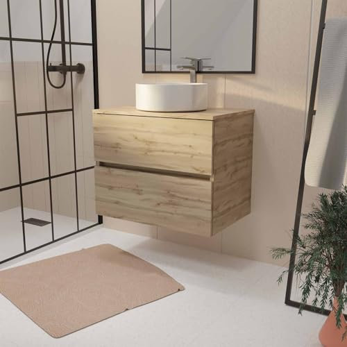 AURLANE Meuble de Salle de Bains Suspendu 70cm Timber Décor Chêne 2 tiroirs Vasque Blanche à Poser