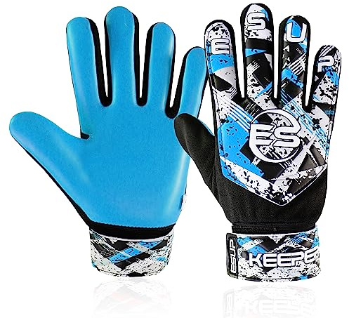 ESUP PRO Soccer Goalie Gloves with 4mm Latex for Super Grip & Finger Spine Protection |Funky Football Goalkeeper Gloves (Cyan, Size 4 Suitable for 6 to 9 Years Old)