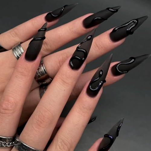 Black Press-On False Nails, 24-Piece Long Stiletto Set With 3D Details | Matte Base, Raised Glossy Winding-Line Design, Assorted Fit Sizes, For Home Manicures And Evening Events