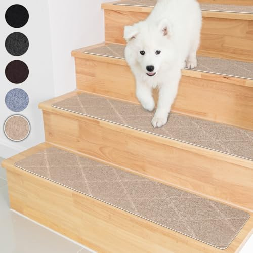 Homwiz Treppenstufen Matten, 65x20cm, Antirutsch Stufenmatten, Beige | 15 Stück, Ohne Kleben, Rutschfest ,Waschbar Treppen Teppich, Wiederverwendbar Treppenteppich Innen für Haustiere Senioren