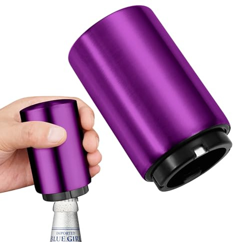 LUPATDY Automatisk flasköppnare, kapsylöppnare flasköppnare, flasköppnare, rostfritt stål, push-down-öppnare vin, öl, lemonad, kronkorköppnare, kökstillbehör, ölöppnare, lila