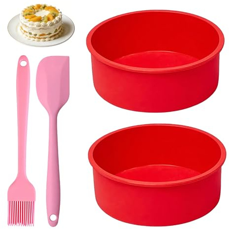 Hiuyavy Cake Tins for Baking, 2PCS Silicone Cake Mould, 8 inch Cake Tin with Pastry Brush and Spatula, Reusable Round Cake Baking Pans for Cake Muffins Puddings Bread(Red)