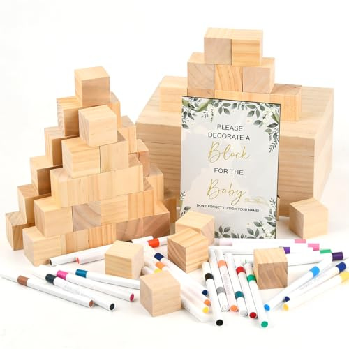 Kit 78 Pcs Cubes Bois DIY, Décoration Cube en Bois Avec Stylo de Couleur, Morceau de Bois pour Création Peinture Maison, Dessin Artisanat, Déco Unique, 52 Cubes Vierges, 24 Marqueurs et Boîte