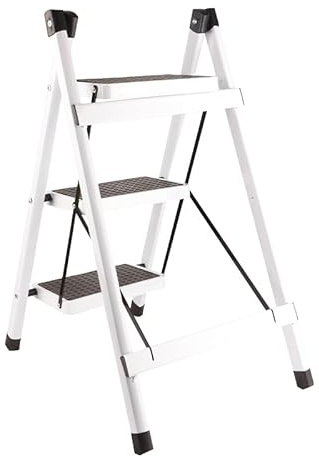 Haofy Scaletta Pieghevole a 3 Gradini, Attrezzatura Domestica Antiruggine Impermeabile per Cucina, Bagno, Ufficio, Ferro (bianco perla)