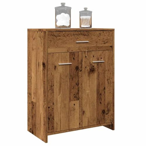 Mokuyary Badskåp, gammalt träutseende 60 x 33 x 80 cm, badrumsskåp med låda och 2 dörrar, badrumsskåp, förvaringsskåp för badrum, kök, vardagsrum, hall