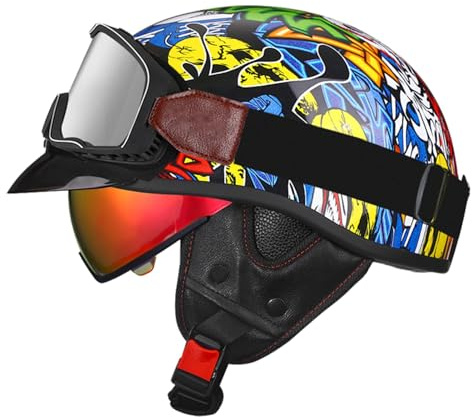 Caschi Jet E Demi-Jet Vintage Omologato ECEDOT Mezzo Casco Moto Con Occhiali Caschi Cromwell Scodella Aperto Casco Retrò Moto Cascos Street Cruiser For Adulti Uomini Donne E,S:55-56CM