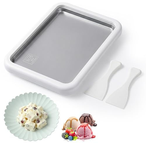 Ice Cream Roll Maker - Instant Rolled Ice Cream Maker Pan with 2 Scrapers & Plate Homemade DIY Ice-Cream Pan 26x21cm for Kids & Adults for DIY Cream-Frozen Yogurt Gelato Sorbet at Home (White)